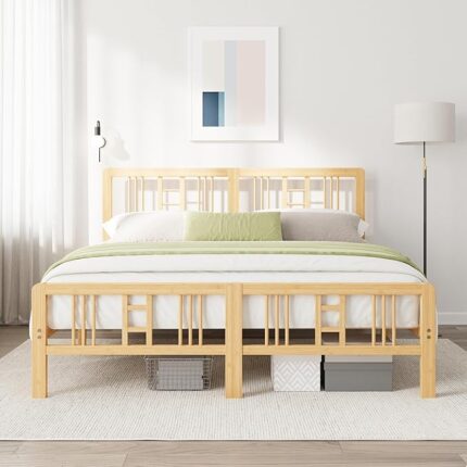 Bamboo Wood King Size Bed Frame with Headboard and Footboard, 10 Inch Platform King Bed Frame with Steel Slats, Solid Foundation, Easy Assembly, Ample Under-Bed Storage, Noise-Free