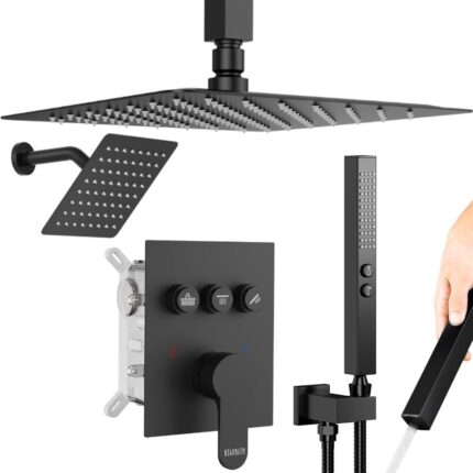 Shower Faucet Set Matte Black Shower System, 12" Ceiling Rainfall Shower and 8" Wall Mount Rain Shower with 2 in 1 Handheld, Can Use All at Once, Pressure Balance Rough-in Valve and Trim Kit free pandamaart