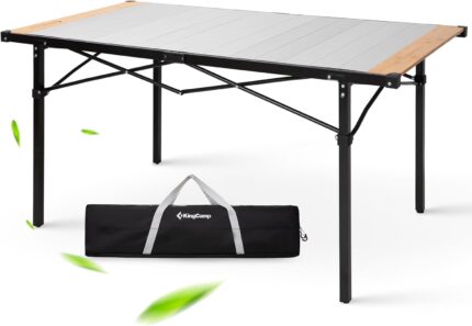 KingCamp Folding Camping Table, Aluminum Roll-Up Camp Table, Large Foldable Table for 6-8 Person, Outdoor Portable Tables with Carry Bag, 180 LBS Heavy Duty Load (Bamboo:53.5“x27.5”,6-8 People) Free USA