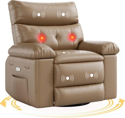 GarveeHome Electric Swivel Massage Chair, Power Rocking Recliner with Vibration and Heating, Overstuffed PU Leather Single Sofa with USB Port and Storage, Glider for Living Room Nursery