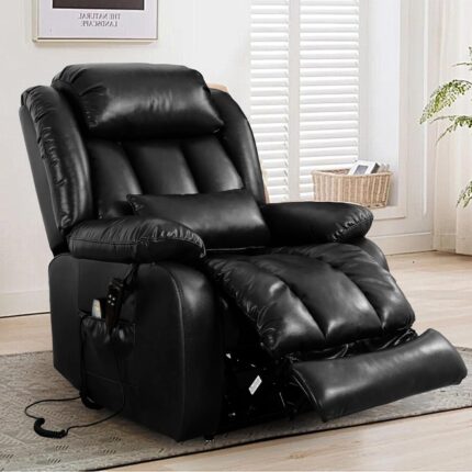 MAEVIS Large Genuine Leather Power Lift Recliner Chair, Dual Motor Recliner for Elderly,Extended Footrest and Lumbar Pillow for Tall Man,with Heat and Massage, USB and Type-C Ports(Black)free USA
