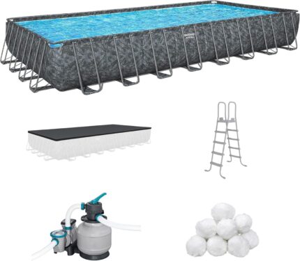 Bestway APX 365 Rectangular Swimming Pool Above Ground Outdoor Backyard Framed Pool Set with Sand Filter Pump, Ladder, and Cover, 31'4" x 16' x 52"